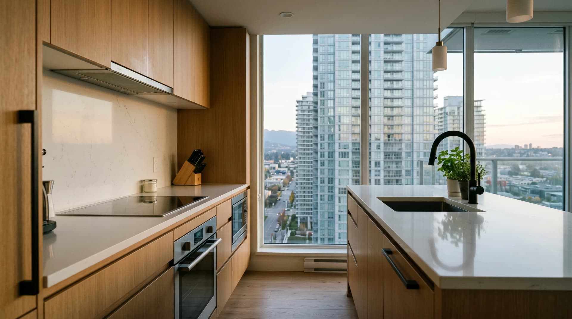 A compact Richmond City Centre high-rise condo galley kitchen at golden hour with a polished white engineered quartz countertop, eased edge, warm white-oak handle-less cabinetry, and the No. 3 Road tower-cluster cityscape beyond — Distinctive Form serves Richmond