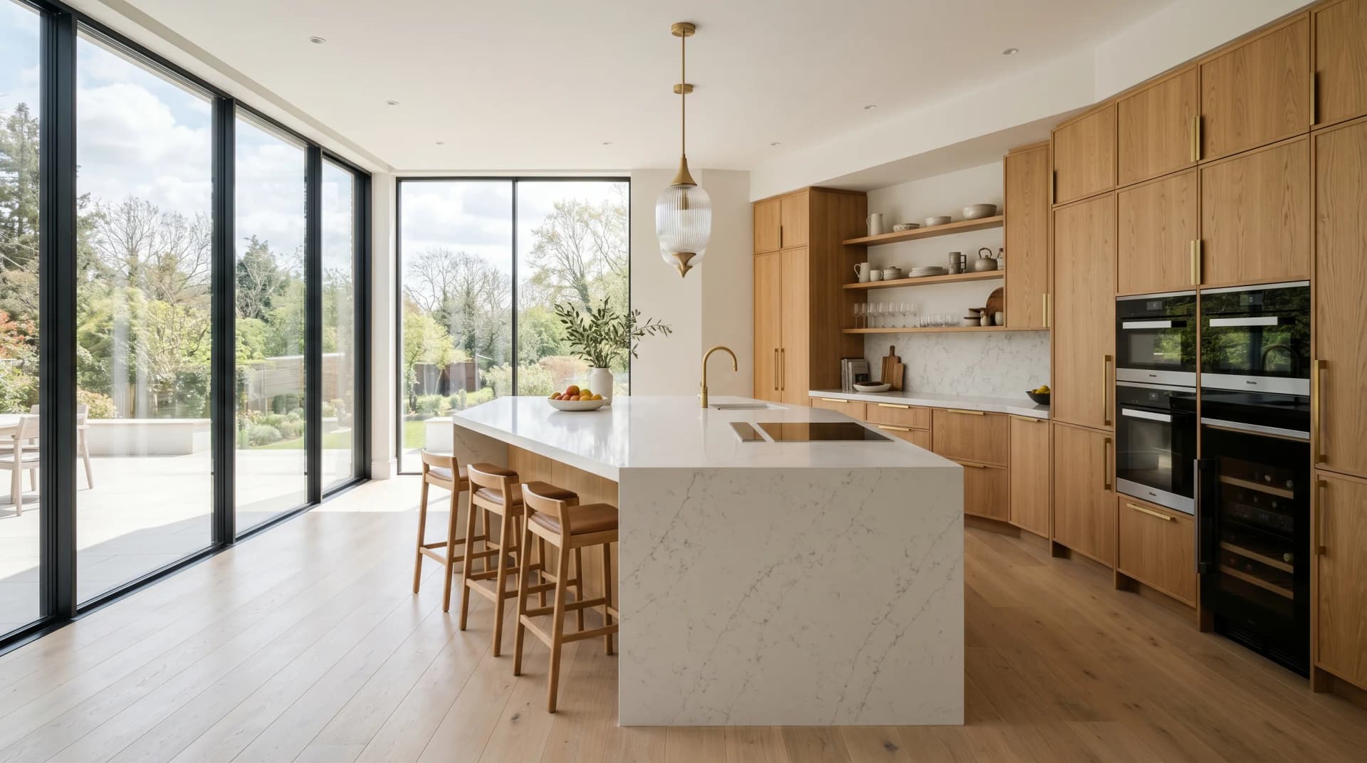 Distinctive Form premium quartz and porcelain countertops for Airdrie homes — a sunlit modern kitchen featuring a white engineered quartz waterfall island with mitered edge.