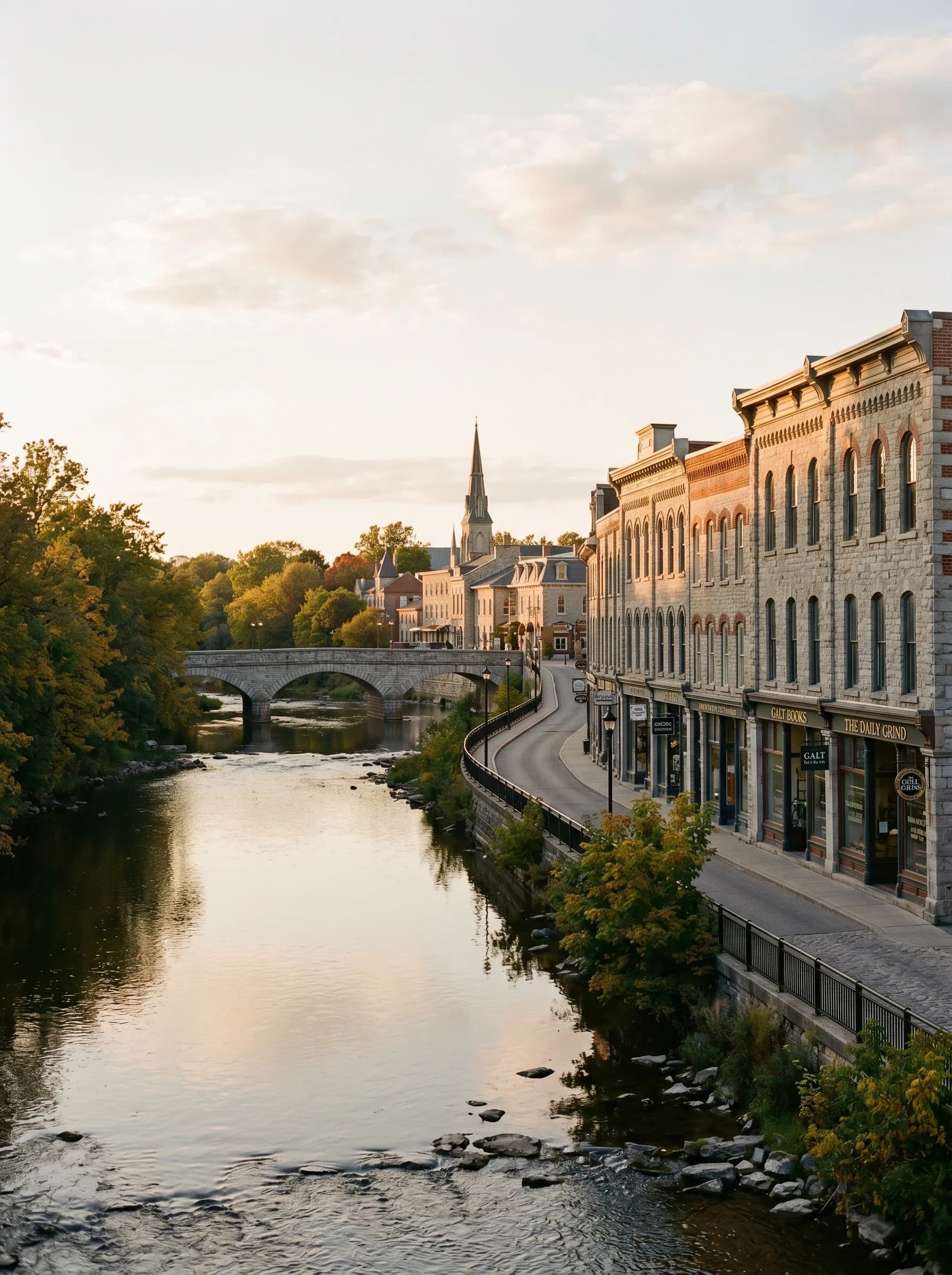 The historic Galt downtown district of Cambridge along the Grand River with grey-limestone heritage buildings and a stone-arch bridge at golden hour — Distinctive Form serves Cambridge and Waterloo Region