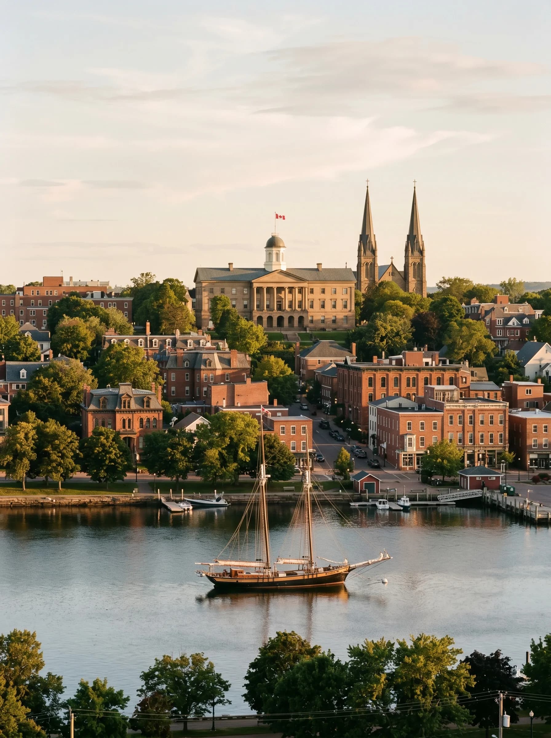 Historic downtown Charlottetown viewed from the harbour with Province House and heritage red-brick buildings at golden hour — Distinctive Form serves Charlottetown and all of Prince Edward Island