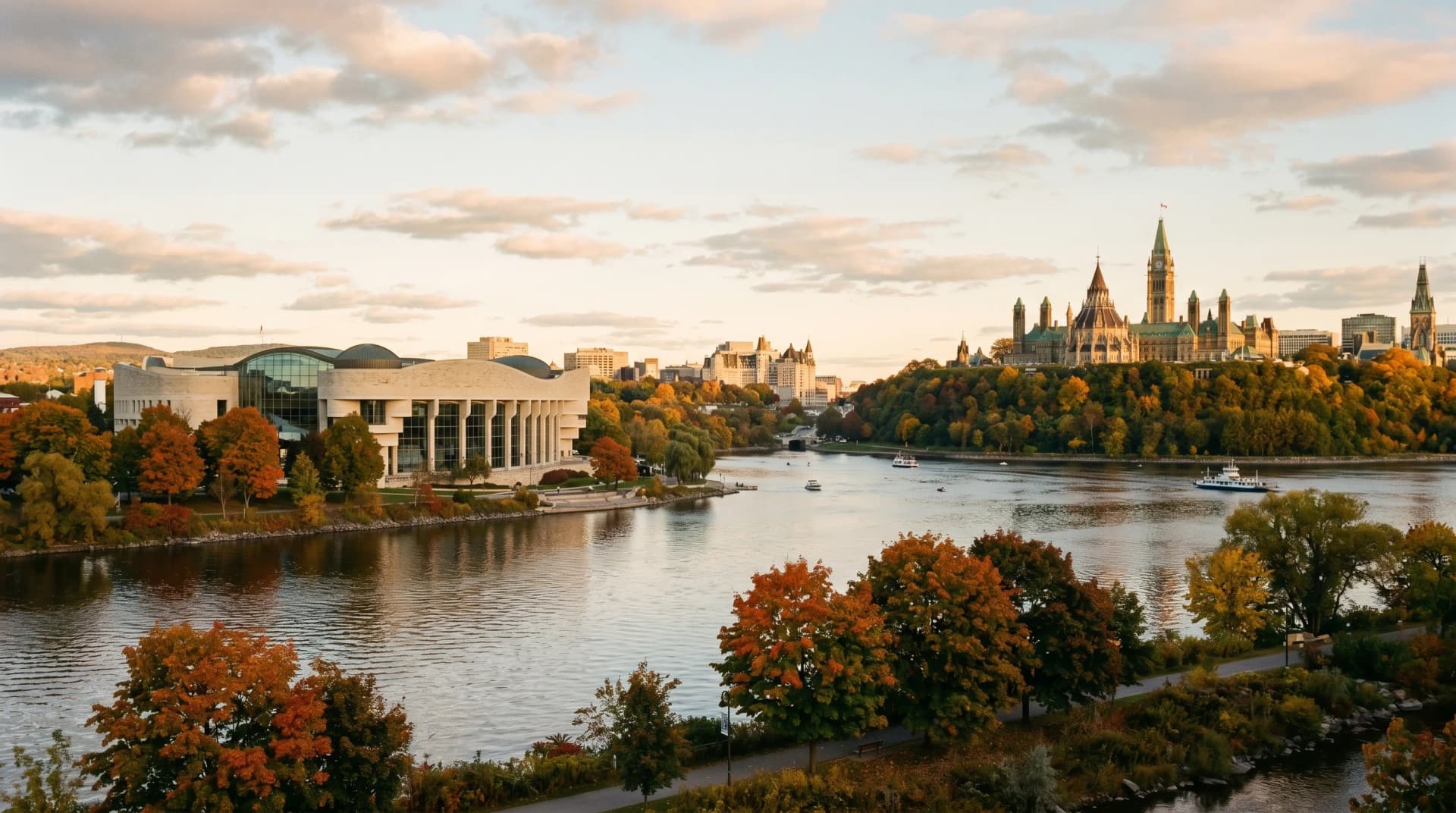 The Ottawa River dividing Gatineau from Ottawa at golden hour with the curved Canadian Museum of History on the Quebec side and the Parliament Hill Peace Tower silhouette across the river, framed by autumn maples — Distinctive Form serves Gatineau