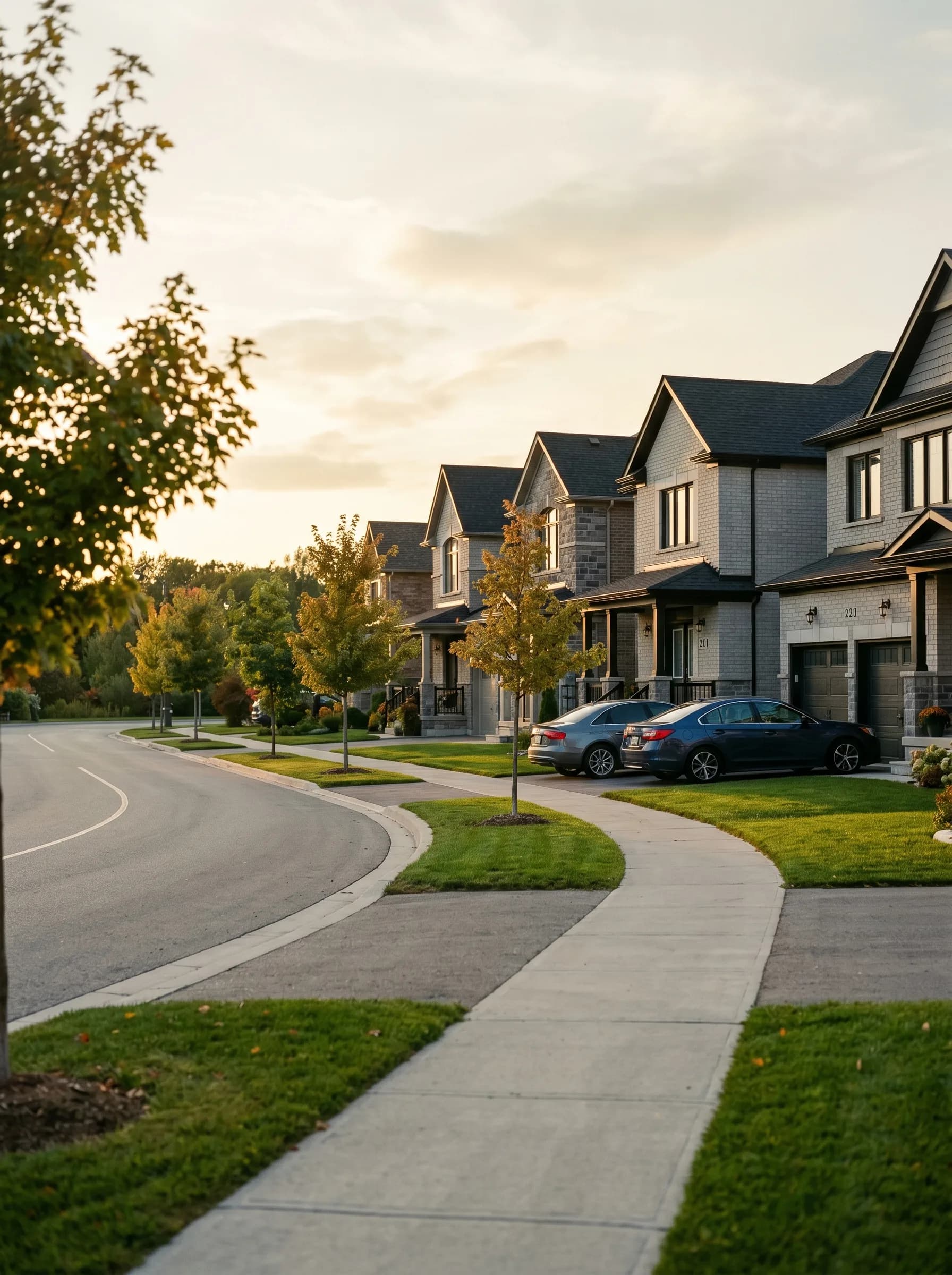 A residential street in Markham, Ontario with newer two-story brick-and-stone homes and young maples lining the sidewalk — Distinctive Form serves Markham and York Region